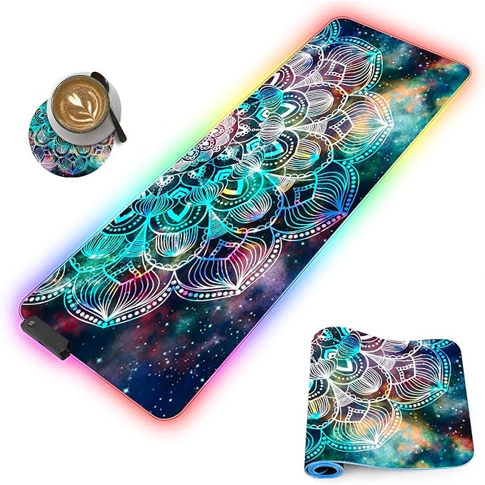 Customized RGB Gaming Mouse Pad and Coffee CoasterLarge Glowing Led Anti-Slip Rubber Base Computer Keyboard Desk Mouse Mat 31.4x11.8 InchMandala in Galaxy