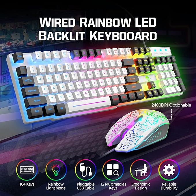 Wired Rainbow LED Backlit Keyboard and Mouse Over Ear Headphone with Mic Gaming Mice and Pad for PC Xbox and PS4 (White/Black)