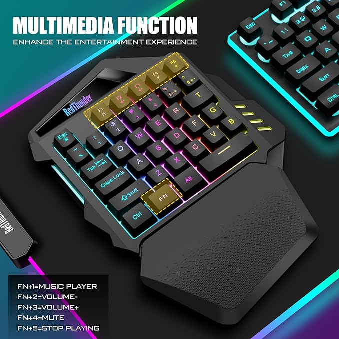 RedThunder Wireless One-Handed Gaming Keyboard 2.4Ghz RGB Backlit Mini Gaming Keypad Rechargeable 2000mAh Battery for PC Gamer