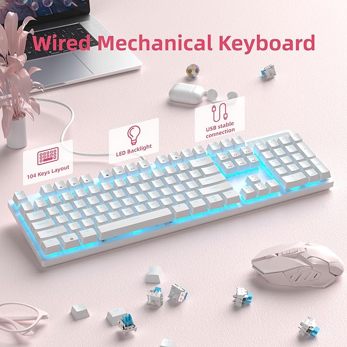 MageGee Mechanical Gaming Keyboard Wired USB Adjustable Backlight Keyboard New Mechanical Storm 100% Anti-ghosting Keyboards with Blue Switches for Windows PC/MAC Games (White)