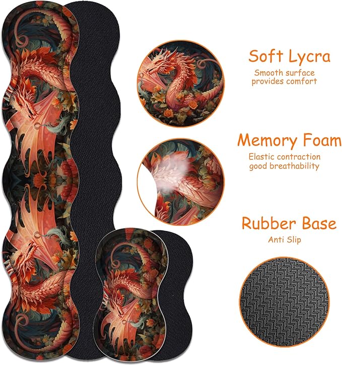 4 in 1 Mouse Pad Combo Large Gaming Mouse Pad + Keyboard Wrist Support + Mouse Wrist Rest + Coaster Table Pad with Stitched Edge Ergonomic Wrist Pad Set Dragon