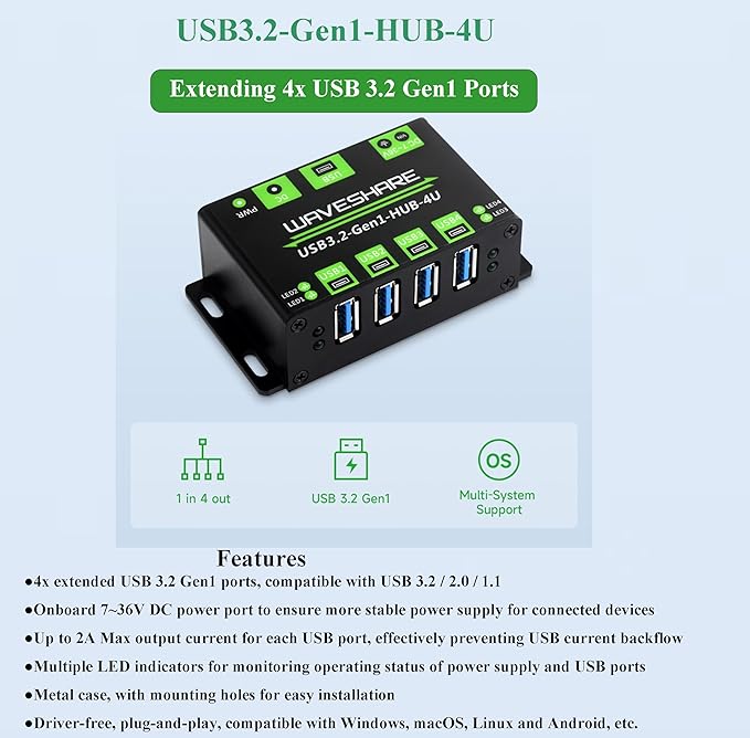 4-Ch USB 3.2 Gen1 HUB 4-Port USB Hub 4X Extended USB 3.2 Gen1 Ports and 5Gbps Compatible with WindowsLinux and Android Systems and USB 3.2/2.0/1.1 No Driver Required Plug-and-Play