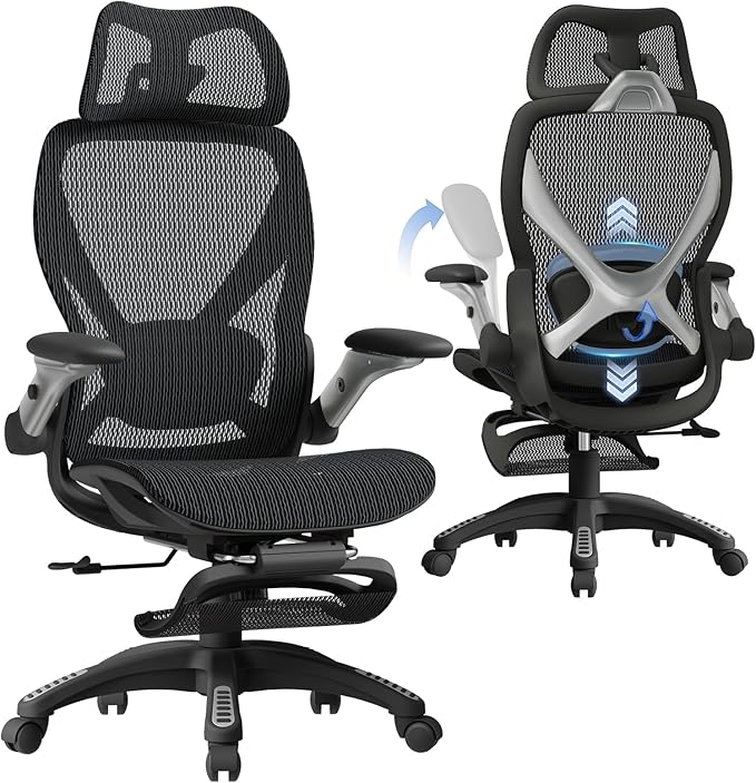 ELABEST X100 Ergonomic Mesh Office Chair with Footrest Big and Tall Hone Desk Chair with 5D Flip-Up Arms Adjustable 3D Lumbar SupportGaming &amp Executive Computer Chairs
