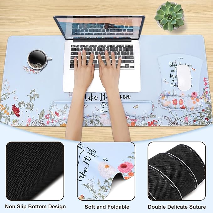 MEGREZ 4-in-1 Ergonomic Memory Foam Wrist Rest Set Desk Pad Mouse Pad with Wrist Rest Keyboard Pad Suitable for Office Workers Programmers &amp Gamers–Relieve Typing &amp Gaming Fatigue Light