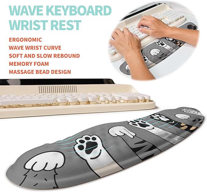 2-in-1 Ergonomic Set Wave Rise Keyboard Wrist Rest and Massage Bulge Slope Mouse Pad Wrist Support Cushion Memory Foam Integrated to Relieve Wrist Pain Cute Cat Paws