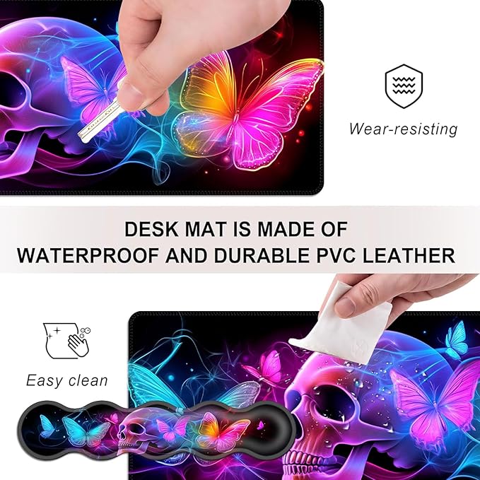 Mouse PadLarge Desk Mat Set 4in1 XL Mousepad + Keyboard Wrist Rest+Mouse Wrist Rest+Coaster with Ergonomic Desk Pad for Home Office Table Computer Cover -Neon Skull with Butterflies