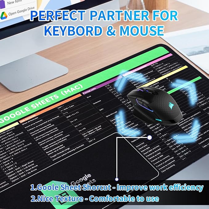 Google Sheet Shortcut Mouse Pad Large Mousepad for Google Excel Spreadsheet Extended Gaming Pad for Desk 31.5”x11.8” Waterproof Anti Slip Keyboard Pad with Google Sheet Shortcuts (Mac)