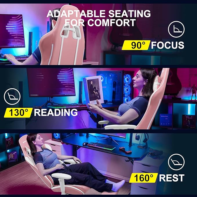 GTPLAYER Gaming Chair with Footrest Ergonomic Computer Game Desk Chair Reclining Gamer Chair Seat Height Adjustment Swivel Rocker with Headrest and Lumbar (Pink)