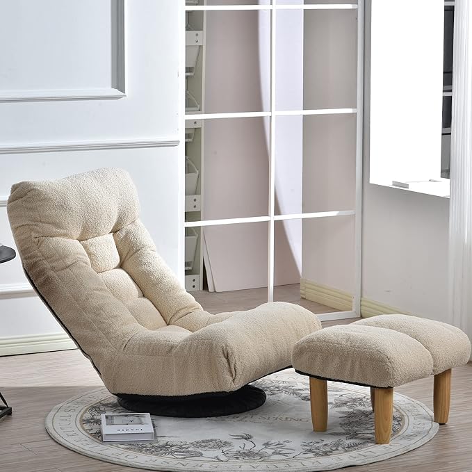Yoglad Japanese Style Chaise Lounge Sofa Chair Floor Lazy Sofa for Reading Game Meditating 3 Adjustable Positions with Comfortable Backrest (White Ottoman)
