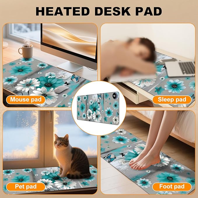 Heated Desk Pad 31.5 x 13 3 Large Heated Mouse Pad with Heat Levels (40°C/45°C/50°C) &amp 3H Auto Shut-Off Desk Mat Fast Heating PU Leather Warmer Mousepad for Home OfficeSunflowers and Butterflie