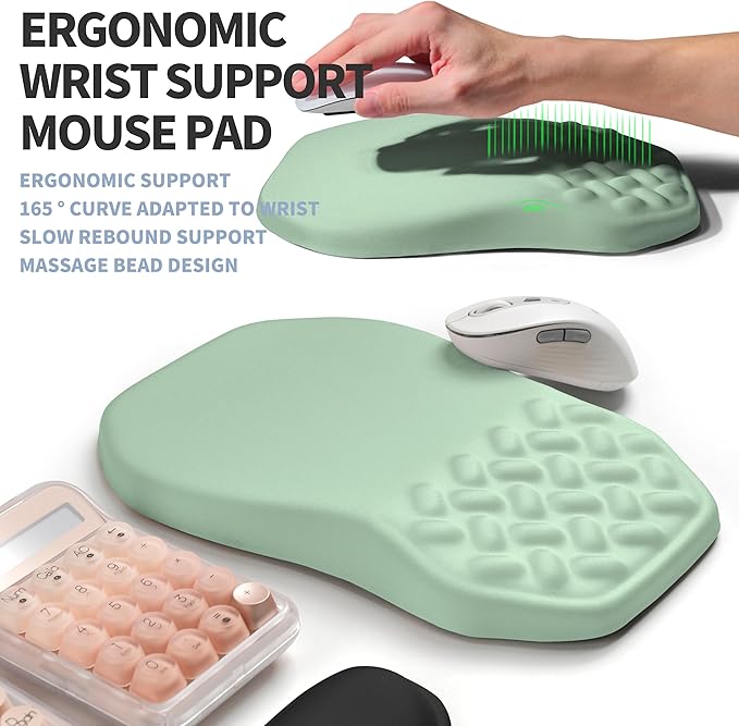 2-in-1 Ergonomic Set Wave Keyboard Wrist Rest and Massage Slope Mouse Pad Wrist Support Rebound Memory Foam for Relieve Carpal Tunnel Syndrome and Wrist Pain (Light Green)