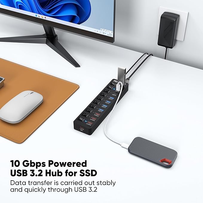 Powered USB C Hub 3.2 11-Port 48W USB-C 3.2 (10Gbps)*2 + USB-A 3.2 (10Gbps)*1 + USB-A 3.0 (5Gbps)*4 + Power-only Port*4 with 12V/4A Power Adapter High Speed for Laptop PC Phone SSD HDD Flash Drive