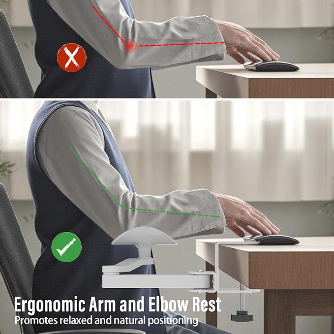 Ergonomic Arm/Elbow Rest for Desk - Foldable Rotatable Elbow Support for Computer Desk Office &amp Gaming Comfort (White)