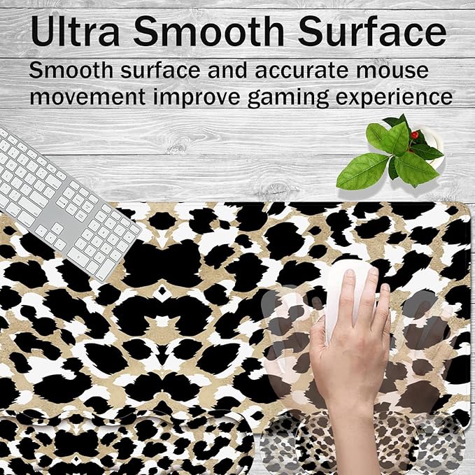 Gaming Mouse Pad Set Large Gaming Mouse Pad+Keyboard Wrist Rest+Mouse Wrist Rest+Coaster Easy Typing Pain Relief 31.5 × 11.8 inch Desk Mat for Home Office Cute Leopard Print