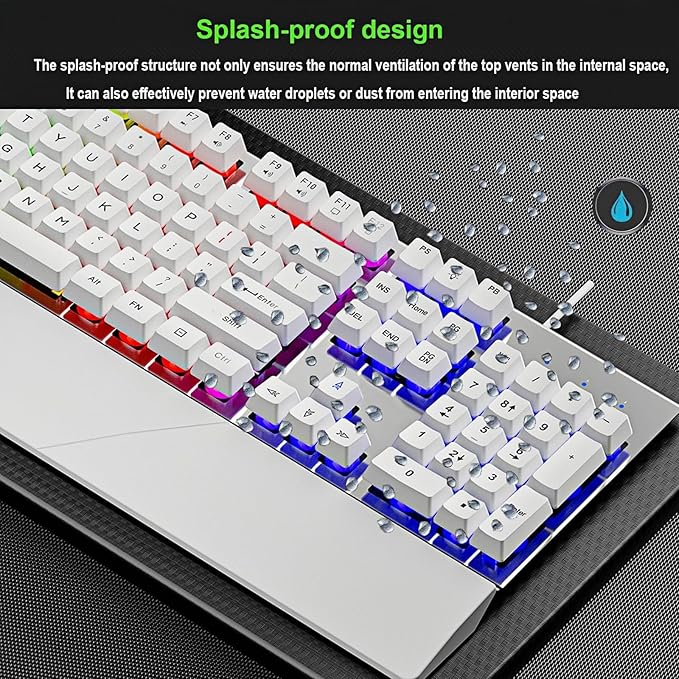 Wired Rainbow LED Gaming Keyboard104 Keys Light Up Mechanical Feeling Computer Keyboard With Palm Rest for Windows LaptopPC Gamers Office DeviceTravel Easy to Carry on Business TripWoking(White)