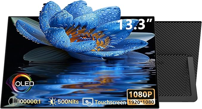 13.3” 1080P OLED Portable Monitor Touchscreen 100000:1 contrast ratio 500 nits brightness Display Built-in Stand Speakers HDR Portable ScreenTravel Monitors for Laptop Mac PC Phone PS4/5 Xbox Switch