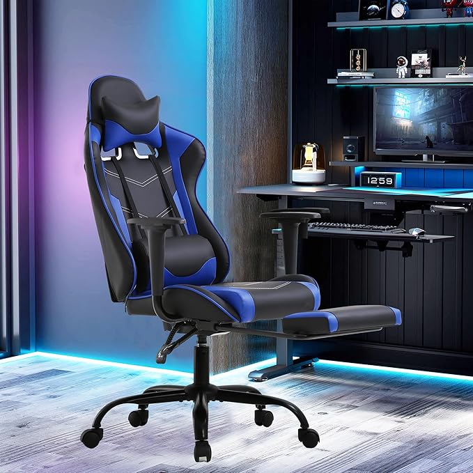 Office Gaming Chair Pu Leather Comfortable Gaming Chair for Adults Gamin Chair with Headrest &amp Lumbar Support Office Chair with Foot Rest &amp Armrest Height Adjustable Computer Chair(Blue)
