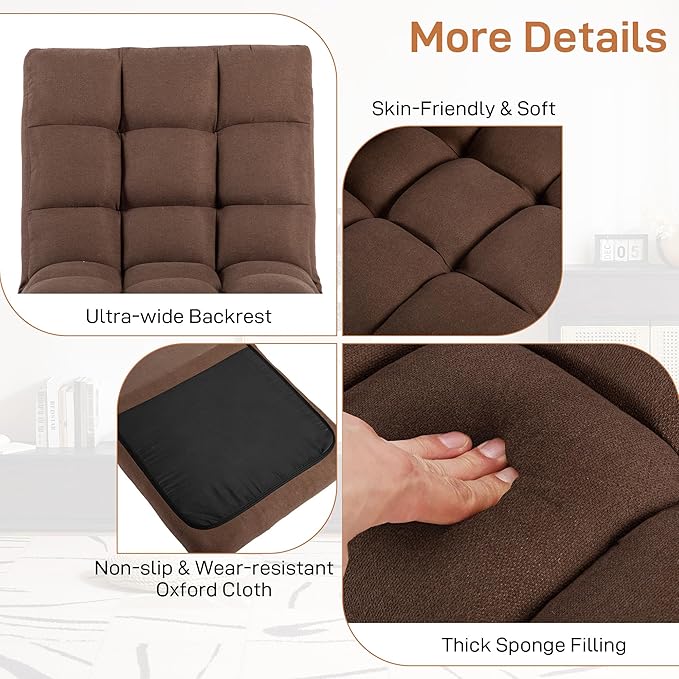 Floor Chair with Back Support Folding Chair with 6 Adjustable Position Padded Sleeper Bed Floor Gaming Chair Meditation Chair Gaming Floor Chairs for Adults (Country Rustic Brown)