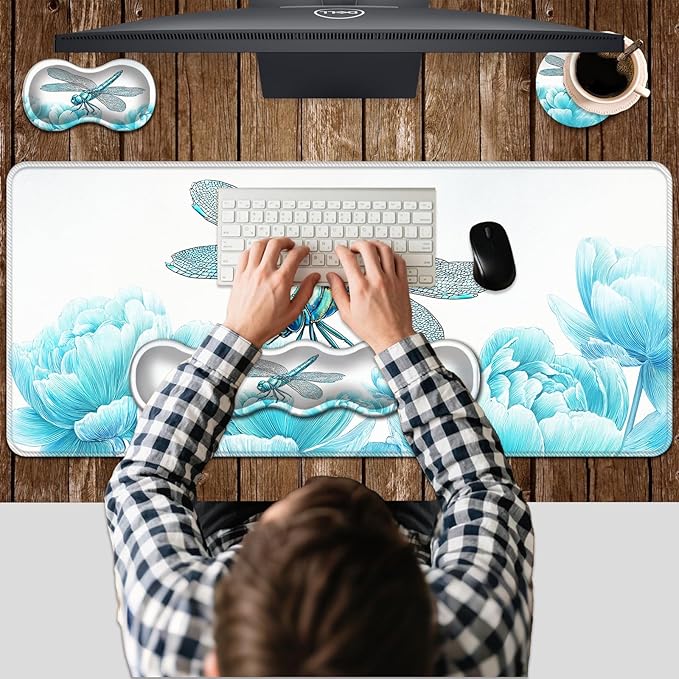 Ergonomic Keyboard Wrist Rest &amp Mouse Pad Wrist Rest SetXL Gaming Desk Mat 31.5x 11.8Non-Slip BaseMemory FoamEasy Typing Pain Relief for Office &amp HomeDragonfly Blooming Flower