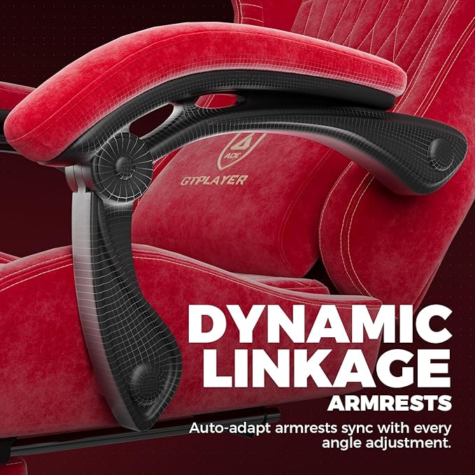 GTPLAYER ACE-PRO Music Gaming Chairs – Built-in Speakers App Support &amp Bluetooth Control Computer Game Chairs with Footrest for Adults Ergonomic Reclining Linkage Armrest Cherry Red 【Velvet】
