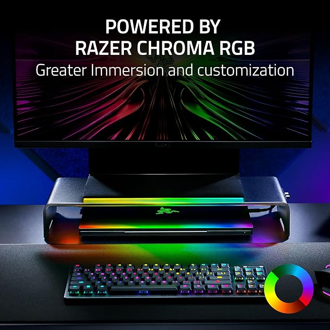 Razer Monitor Stand Chroma: 4 Port Hub - USB A 3.2 USB C 3.2 HDMI 2.0 - Ergonomic Height - Durable Aluminum Supports Up to 44 lbs - Organize Storage Shelf - Remappable RGB Buttons - Chroma RGB