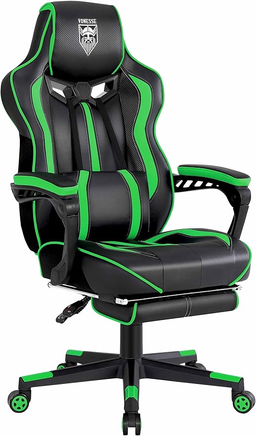Vonesse Gaming Chair with Footrest Big and Tall Gamer Chair with Massage Reclining Computer Gaming Chair for Adults Ergonomic Game Chair for Teens High Back Video Game Chairs(Green/Black)