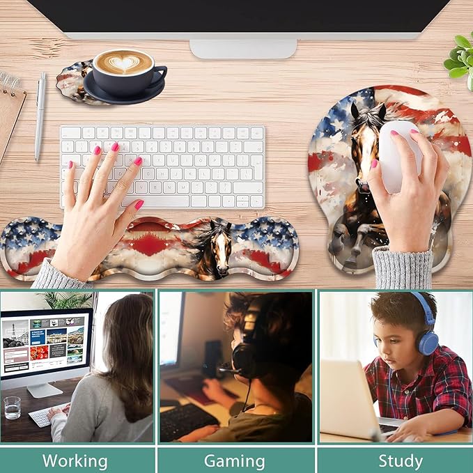 Ergonomic Keyboard Wrist Support Pad and Wrist Support Mouse Pad Anti-Slip with Gel Memory Mouse Pad Set Suitable for Office Use/Home Use - American Flag and Horse