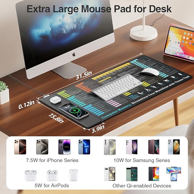Wireless Charging Mouse Pad with Excel Formulas Shortcuts 31.5x15.8 Extra Large Office Spreadsheet Cheat Sheet Desk Mat Waterproof Ultra-Smooth Surface Non-Slip Base