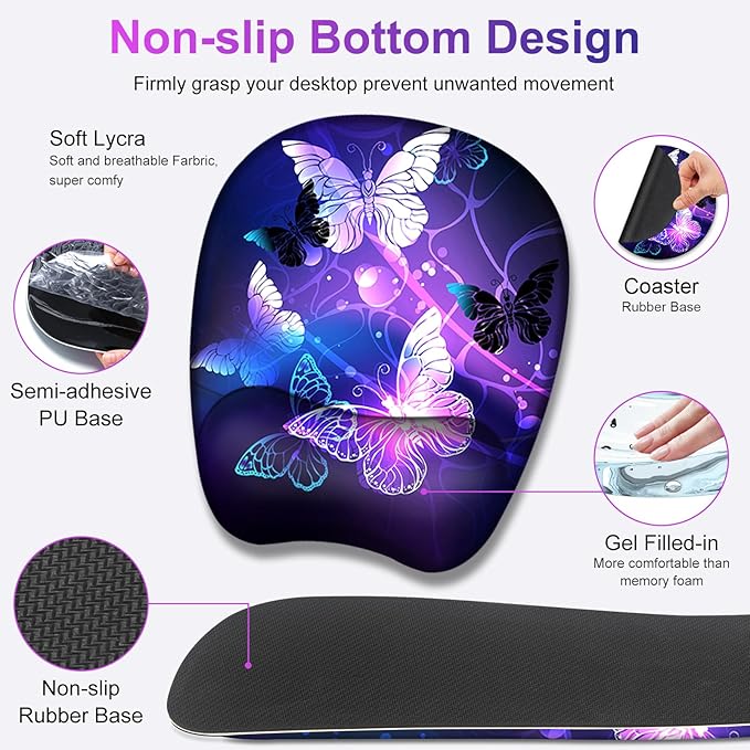 Large Mouse Pad with Wrist Support 4in1 Set XXL Game Mousepad + Keyboard Wrist Rest+Mouse Wrist Rest+Coaster with Ergonomic Design Gaming Mat for Home Office Table Computer I Purple Butterfly