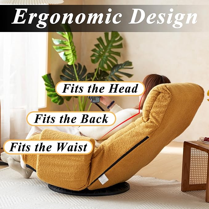 Swivel Gaming Floor Chair with Phone Holder &amp Arm Comfy Reading Chair with Side Pocket for Adults Upholstered Floor Chair with Adjustable Back for Bedroom Living Room (Yellow)