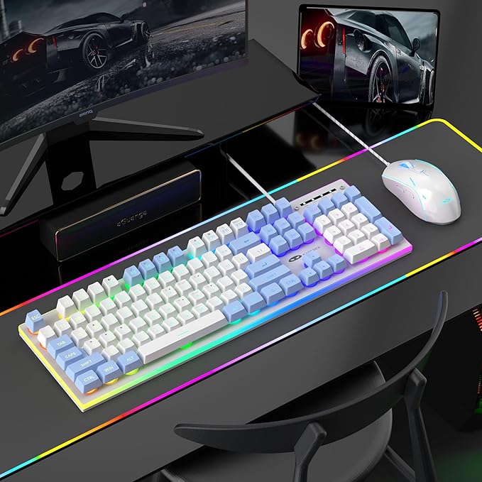 MageGee GT838 Gaming Keyboard and Mouse Combo 104 Keys RGB Backlit Quiet Wired Keyboards for Laptop PC MAC with Number Pad Metal Panel Anti-Ghosting White Blue