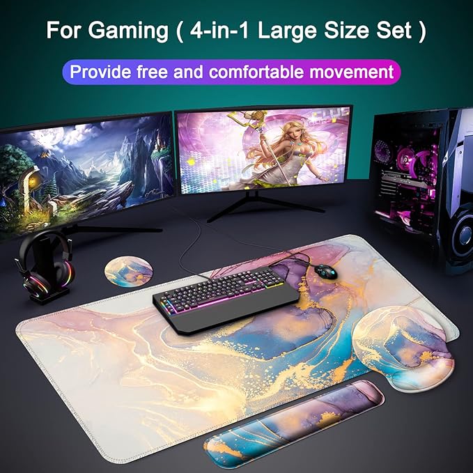 Mouse Pad + Desk Mat + Keyboard Wrist Rest + Coaster 4 in 1 Set Cute Ergonomic Large Gaming Mousepad with Wrist Rest Support Desk Pad for Computer Laptop Office Home Decor-Marble 3