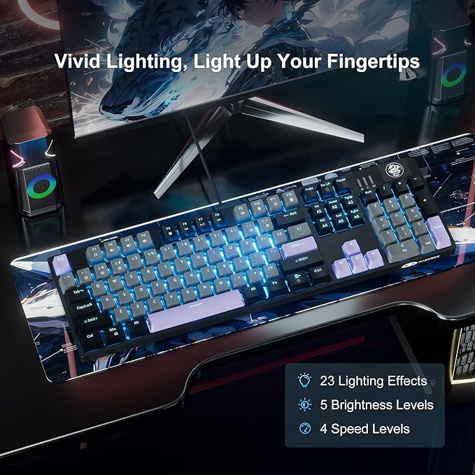MageGee MK-Storm Mechanical Gaming Keyboard 104 Keys Wired Light Up Keyboard with Linear Red Switch Ice Blue Backlit Double-Shot Keycaps N-Key Rollover for Laptop Desktop PC (Twilight Purple)