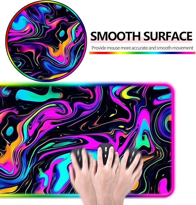 RGB Abstract Colorful Marble Swirl Fluid Gaming Desk Mat Computer Keyboard Large Extended Long LED Mouse Pad for Office and Home XL (W22)