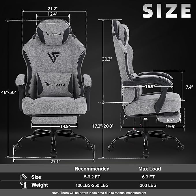 Vonesse Gaming Chair Office Chair with Linen Breathable Mesh Fabric Desk Chair with Lumbar Support and Massage Executive Computer Chairs with Footrest and Headrest (Gray)