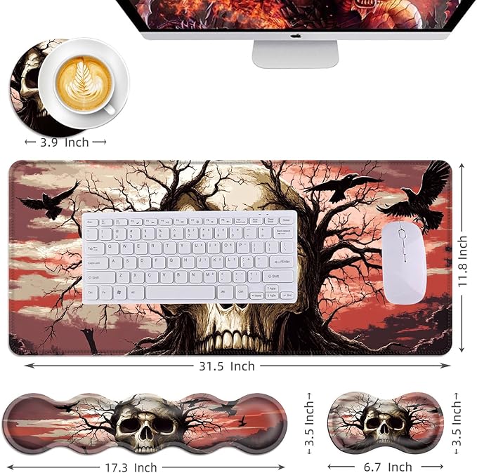 Mouse PadLarge Desk Mat Set 4in1 XL Mousepad + Keyboard Wrist Rest+Mouse Wrist Rest+Coaster with Ergonomic Desk Pad for Home Office Table Computer Cover -Skull Tree with Crows