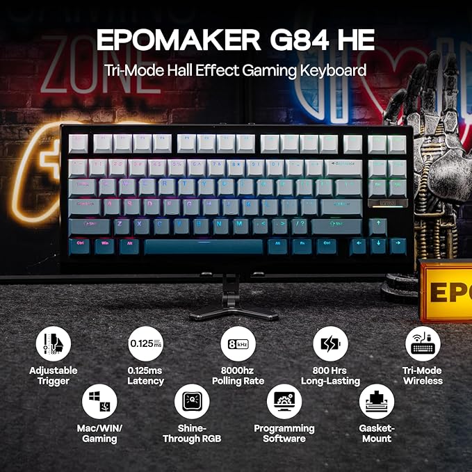 EPOMAKER G84 HE Wireless Hall Effect Keyboard 8K Polling &amp 8000mAh SOCD &amp DKS Gaming Keyboard with Fast Trigger &amp Adjustable Actuation RGB Backlit PBT Keycap Hot-Swap for Win/Mac (B
