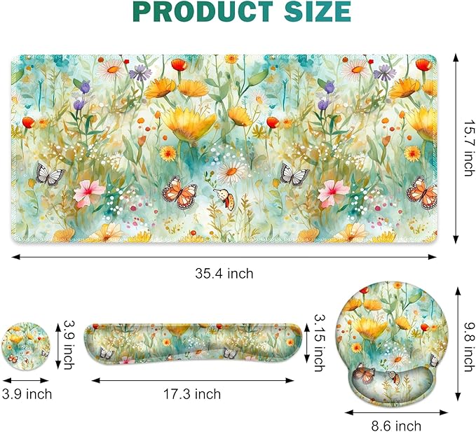 Gaming Mouse Pad Large Desk Mat Cute Desk Pad Protector 4in1 XXL Mousepad + Keyboard Wrist Rest+Mouse Wrist Rest+Coaster Set with Ergonomic Desk Pad for Home Office PC Computer Yellow Flowers