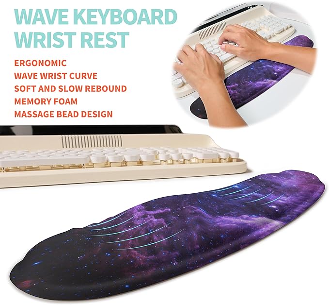 2-in-1 Ergonomic Set Wave Rise Keyboard Wrist Rest and Massage Bulge Slope Mouse Pad Wrist Support Cushion Memory Foam Integrated to Relieve Wrist Pain Galaxy