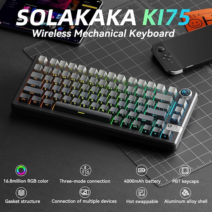 SOLAKAKA KI75 Wireless Mechanical Keyboard Aluminum Gaming Keyboard 75% Hot-swappable Side-Printed PBT Keycaps 2.4GHz/BT5.0/USB-C RGB Backlit Creamy Keyboards with Knob for PC/Laptop/Mac
