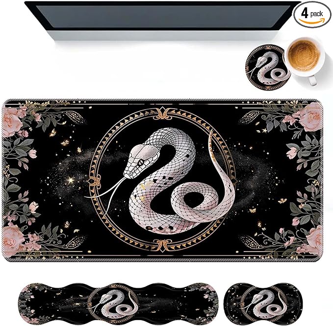 Keyboard Mouse Pad SetLarge Desk Pad+Keyboard Wrist Rest+Mouse Pad Wrist Support+CoasterEasy Typing Pain Relief Non-Slip Mousepad Wrist Support Mousepad Set Home OfficeBoho Snake Witch
