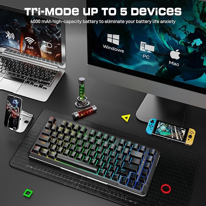 Redragon K713 Wireless Mechanical Keyboard Gasket Mounted RGB Gaming Keyboard 3-Mode (2.4G/BT/USB) Pre-Lubed Linear Red Switches 75％ Layout 82 Keys Hot Swappable for PC/Mac - Black
