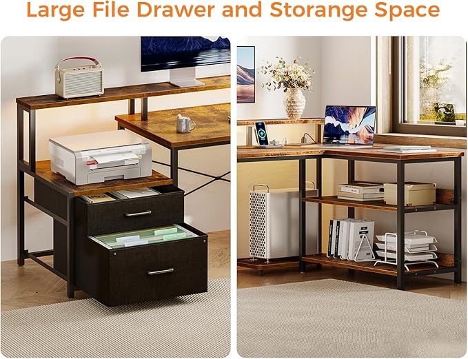 ODK L Shaped Desk with File Drawer 66 Reversible L Shaped Computer Desk with Power Outlet &amp LED Strip Office Desk with Storage Shelves Gaming Desk with Monitor Shelf Corner Desk Vintage