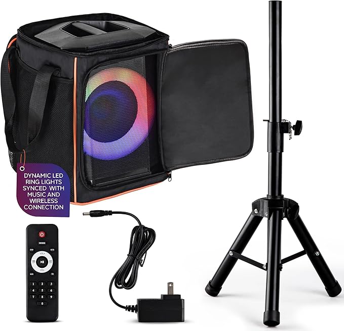 Pyle Portable Bluetooth Speaker with 8 Inch Woofer TWS Mic Input USB/SD/FM Radio Colorful Ring Lights 120 W Rechargeable Battery Tripod Stand &amp Speaker Bag Hi-Fi Sound Outdoor/Indoor Use