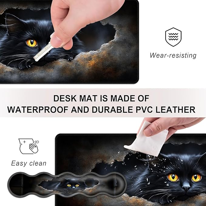 Mouse PadLarge Desk Mat Set 4in1 XL Mousepad + Keyboard Wrist Rest+Mouse Wrist Rest+Coaster with Ergonomic Desk Pad for Home Office Table Computer Cover -Black Cat with Yellow Eyes