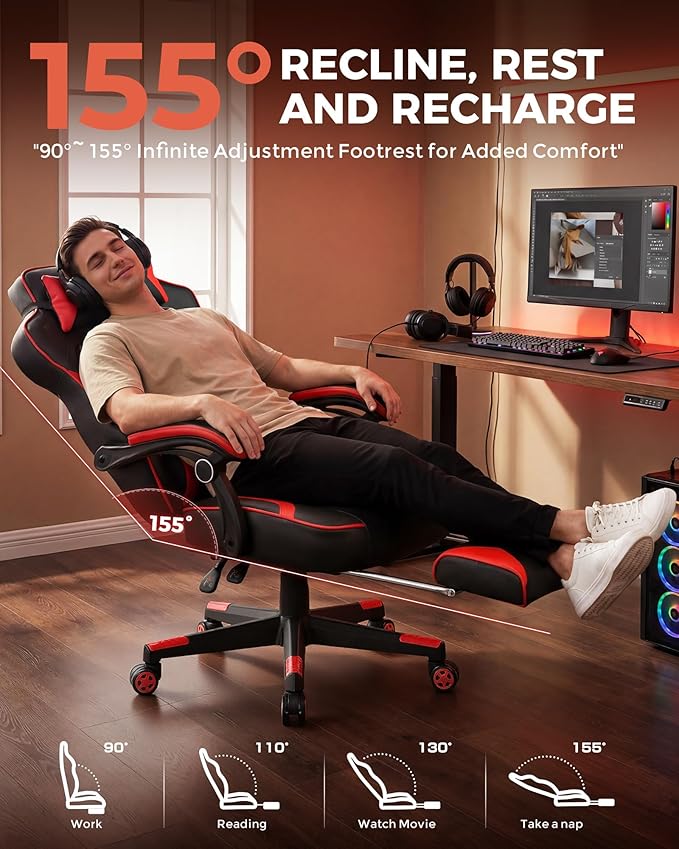 GTPLAYER Gaming Chair with Footrest Big and Tall Game Chair 350lb Racing Style Computer Chair Ergonomic Executive Office Chair High Back with Lumbar Support and Recliner Red