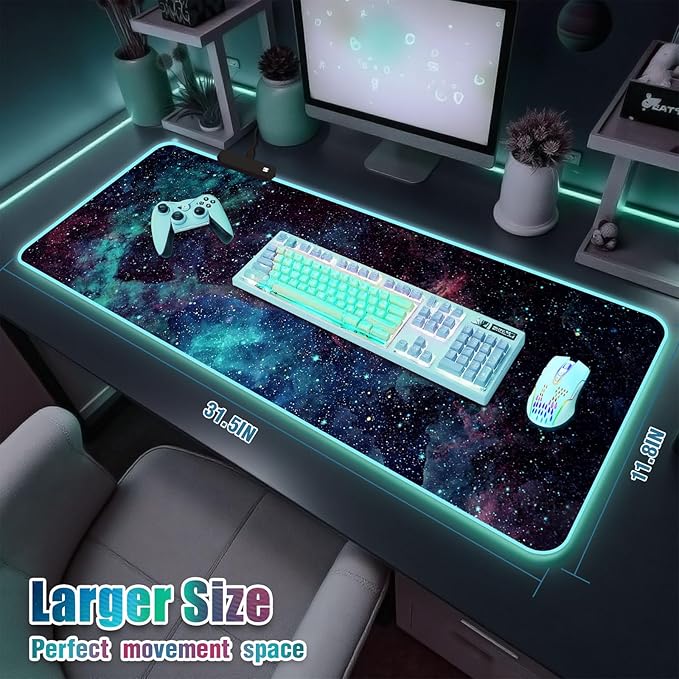 RGB Mouse Pad Led Desk Mat I 31.5 x 11.8 Inch Large Mouse Pad I XL Oversized Big Mouse mat 14 Led Light Modes I Anti-Slip Rubber Base Waterproof Keyboard Pad for PC Gaming I Stellar Nebula