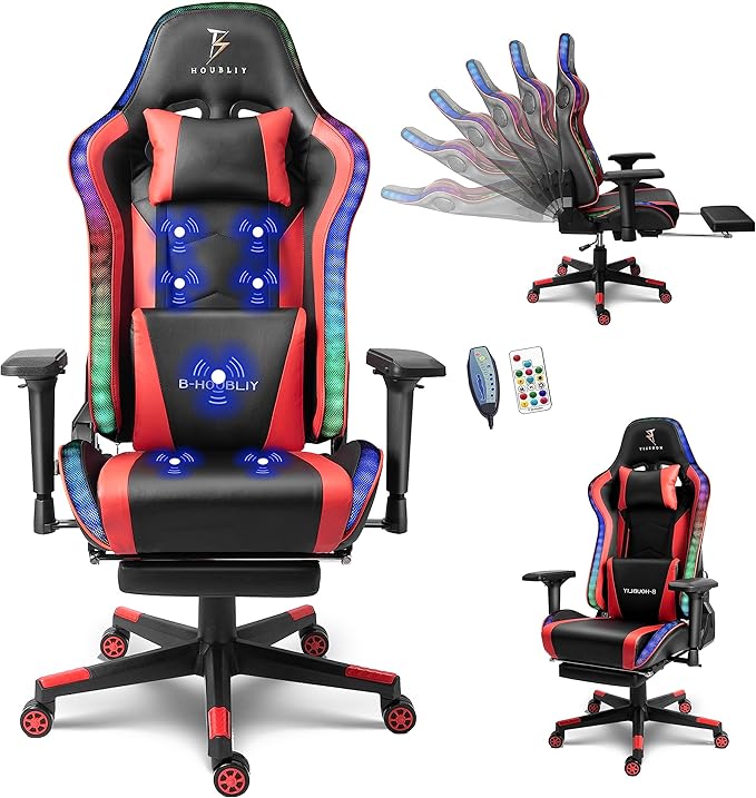 TBQATNTS Massage Gaming Chair with Speakers Ergonomic Pro Gaming Chair with Headrest and Lumbar SupportReclining Computer Chair with Footrest and RGB LightsVideo Game Chair for Adults Kids.Red