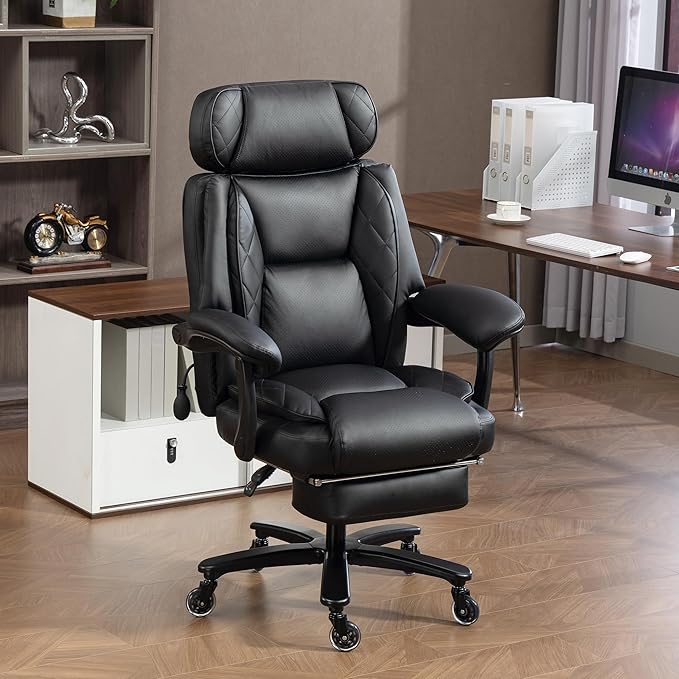 Big and Tall Office Chair for Heavy People Heavy Duty Executive Office Desk Chair with Footrest Waist Lumber Support Adjustable Headrest Black