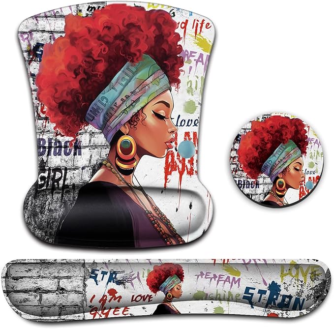 Ergonomic Mouse Pad Wrist Support Gel and Keyboard Wrist Rest Set African Graffiti Girls with Red Hair Design for Laptop Gaming and Office Comfortable and Pain Relief + Coaster